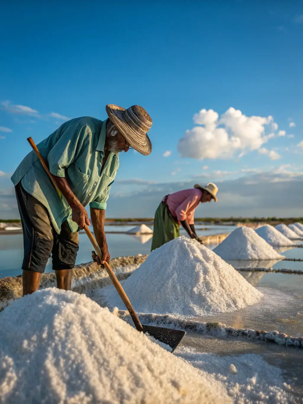 An image of a guide explaining the salt production process at Aveiro's salt flats, with mounds of salt and traditional tools visible.